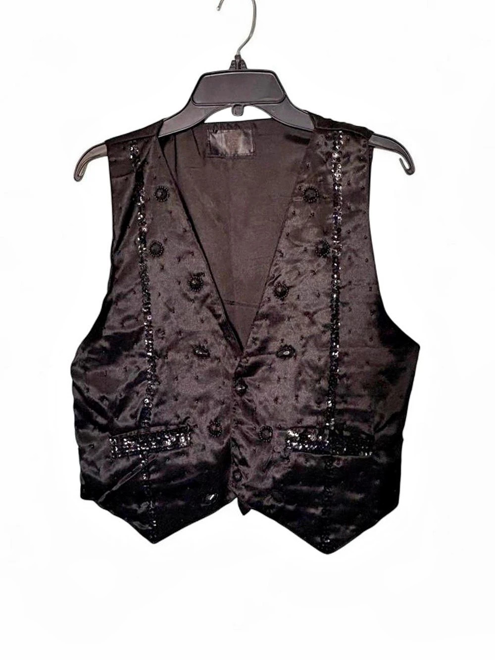 Vintage 80s 90s Western Glam Beaded Black Satin Vest M Whimsigoth Dark Romantic
